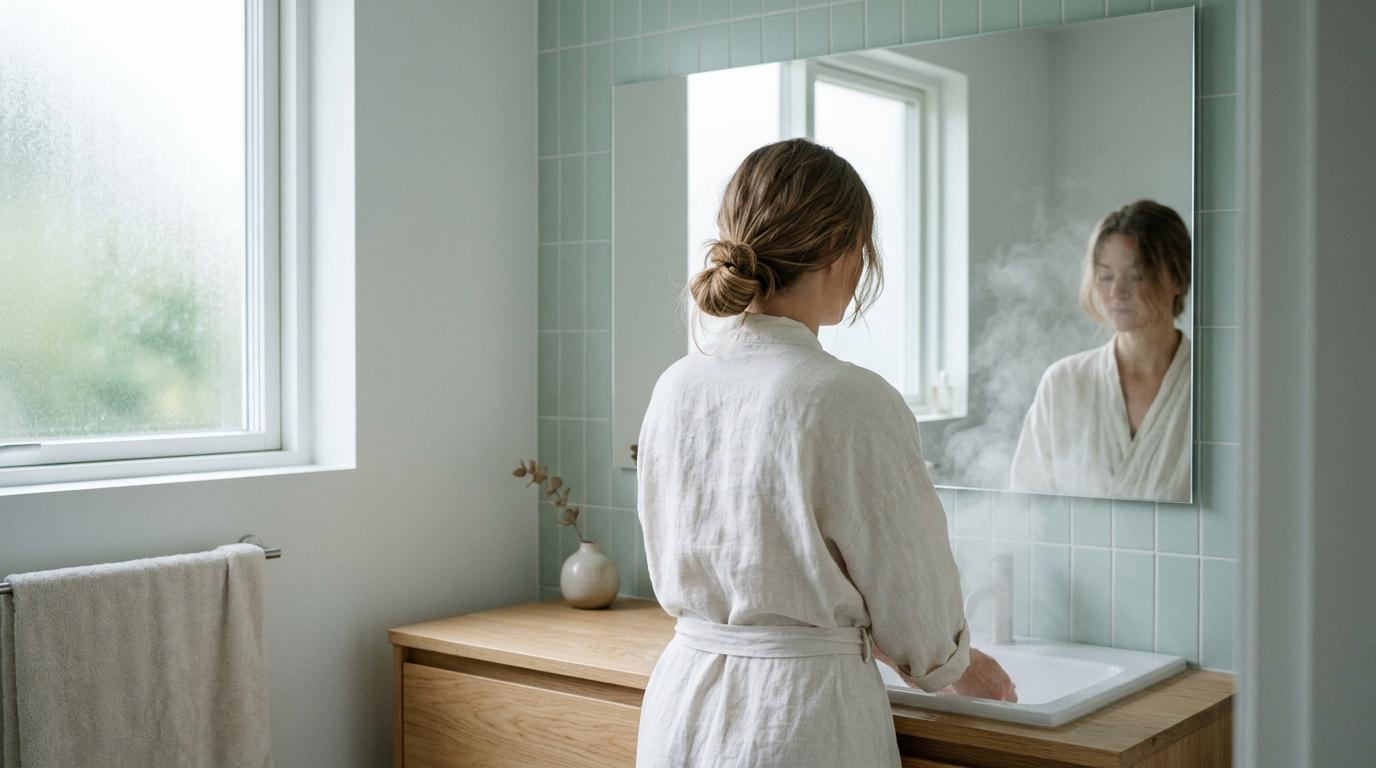 Person foran baderomsspeil i mykt morgenlys, rolig skandinavisk interiør med perle- og mintfarger.