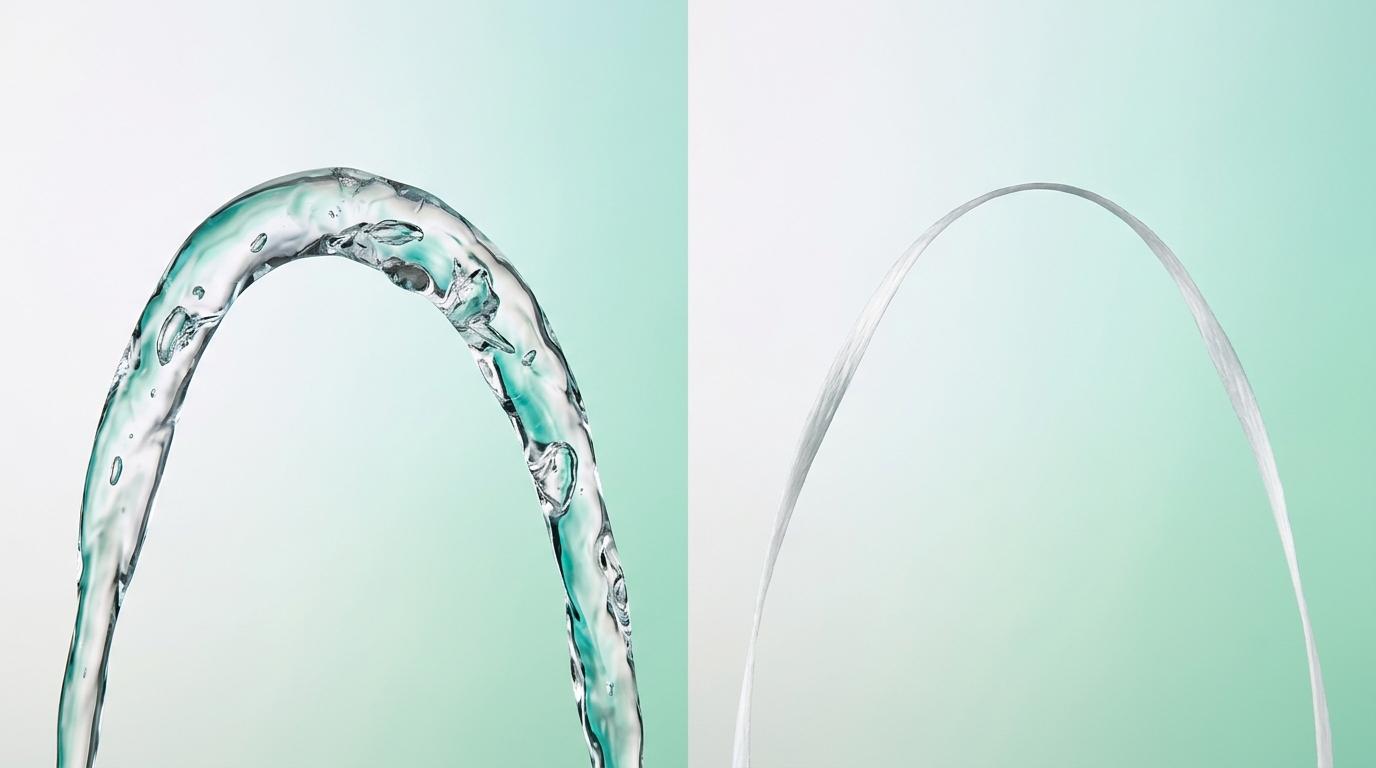 Symbolsk redaksjonell komposisjon: vannbue til venstre og en enkel tanntråd til høyre mot mykt perle-mint bakteppe.